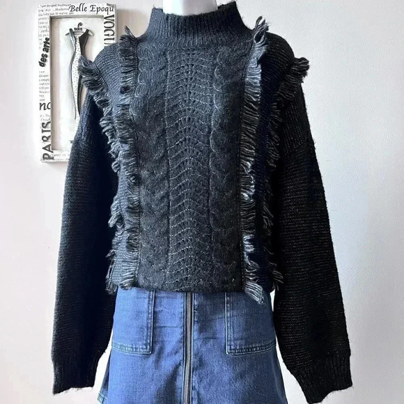 Loft Black Fringe Cable Knit Turtleneck Sweater Size L - Picture 1 of 10